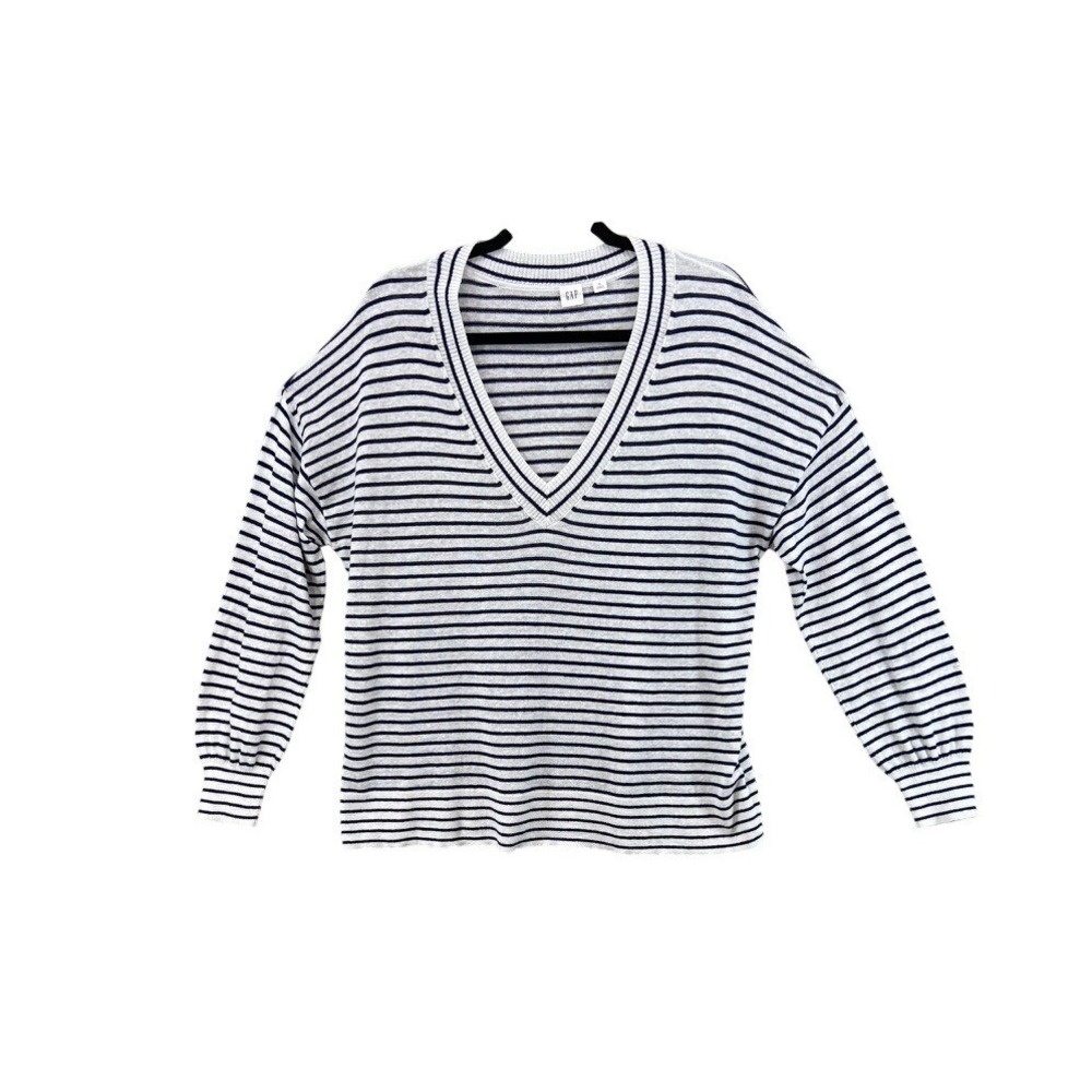 GAP Sweater Womens Sz‎ XL V-Neck White Navy Blue Striped Linen Blend Relaxed Fit